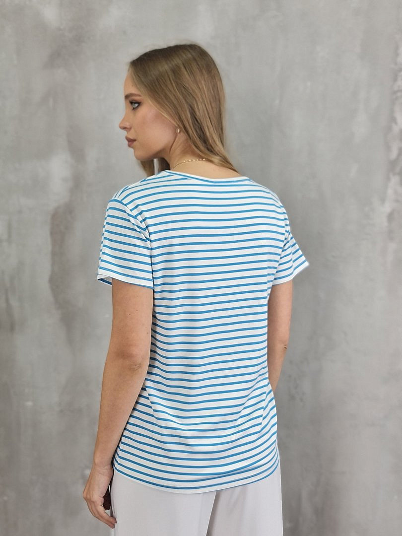 Футболка Vicolo с V-образным вырезом в полоску белая/ярко-голубая, фотография №2