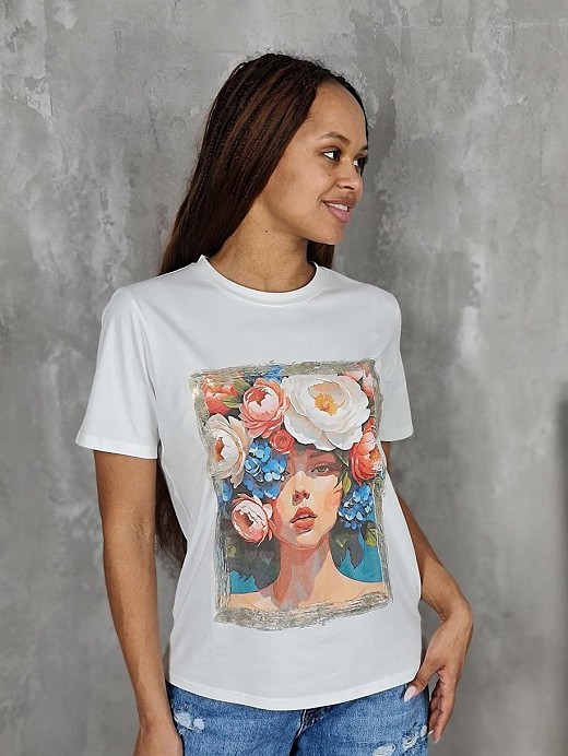 Футболка Y Two с принтом девушка с цветами на голове белая 