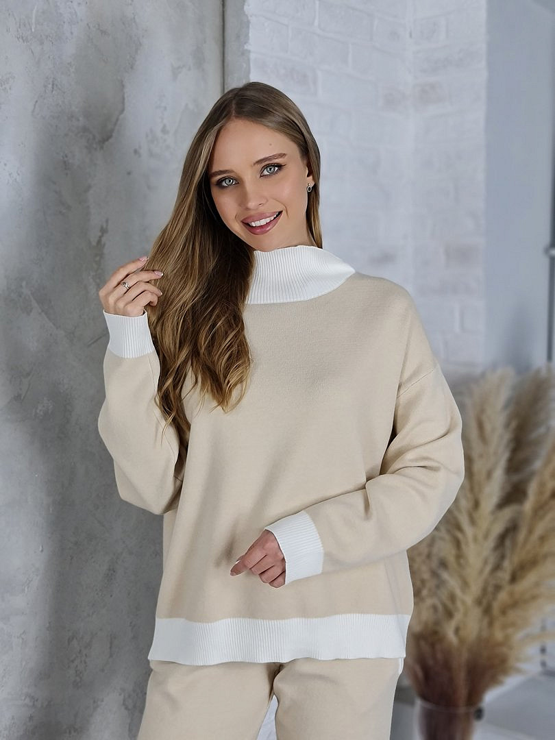 Костюм Melany двухцветный джемпер и брюки молочный/бежевый, фотография №3