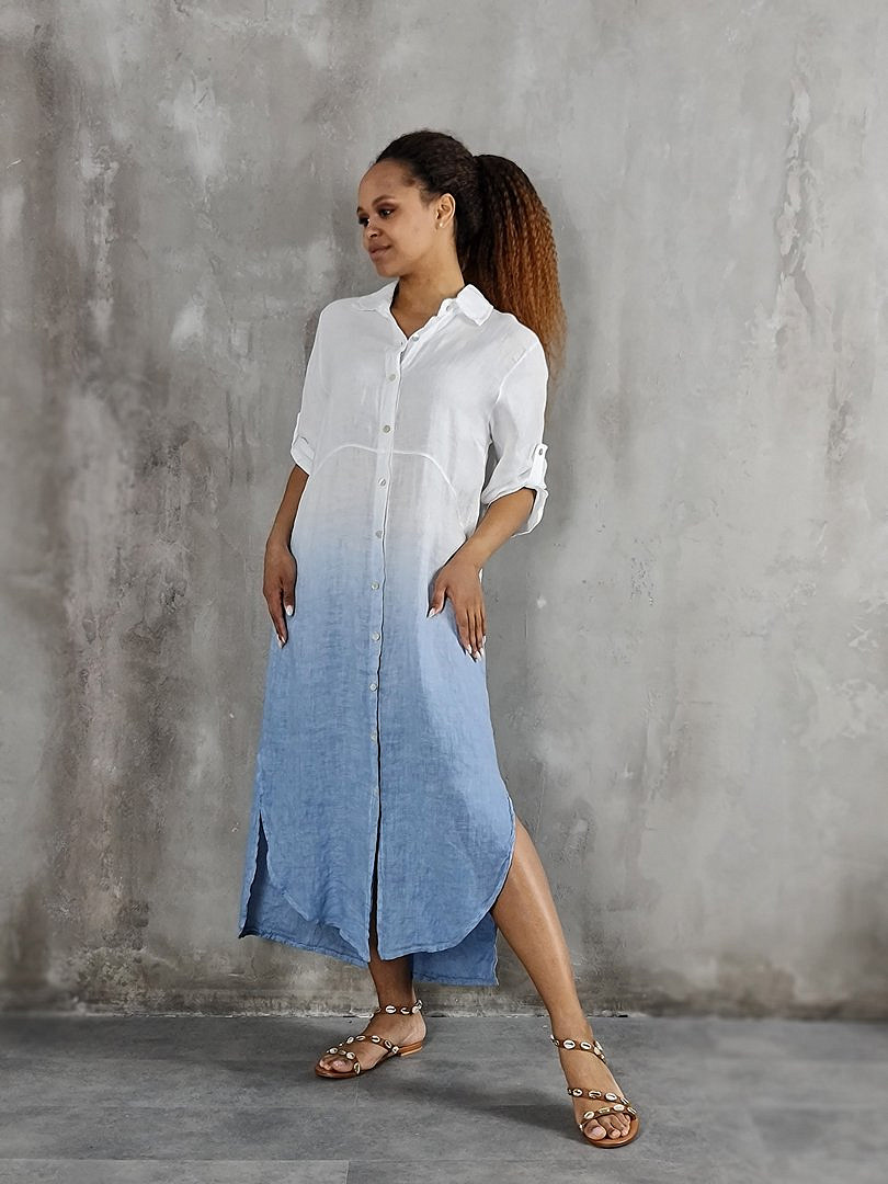 Платье-рубашка Pure Linen льняное с градиентом белое/синее, фотография №1