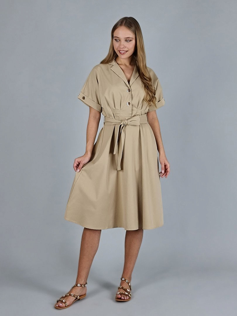 Платье Michelle с коротким рукавом и золотыми пуговицами бежевое, фотография №2