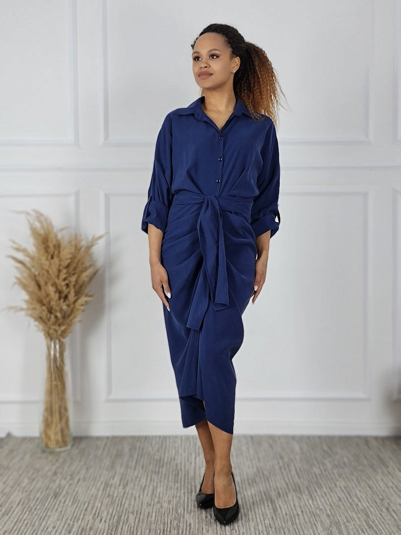 Платье CLOTHÉ на пуговицах с драпировками тёмно-синее, фотография №2
