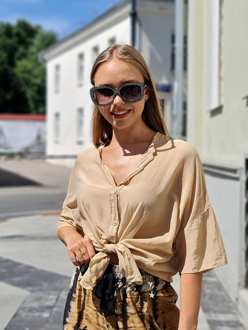 Рубашка Vicolo воздушный хлопок с завязками на животе песочная, фотография №1