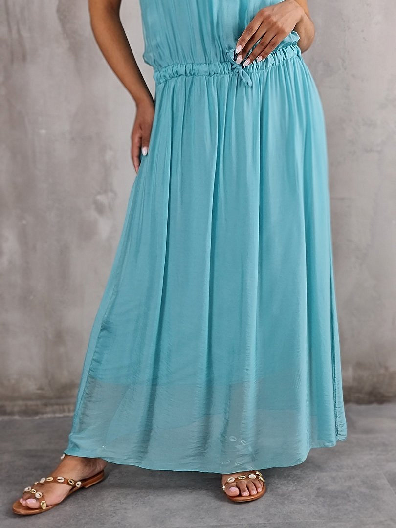 Платье Pure Seta без рукавов с завязками на поясе бирюзовое, фотография №3