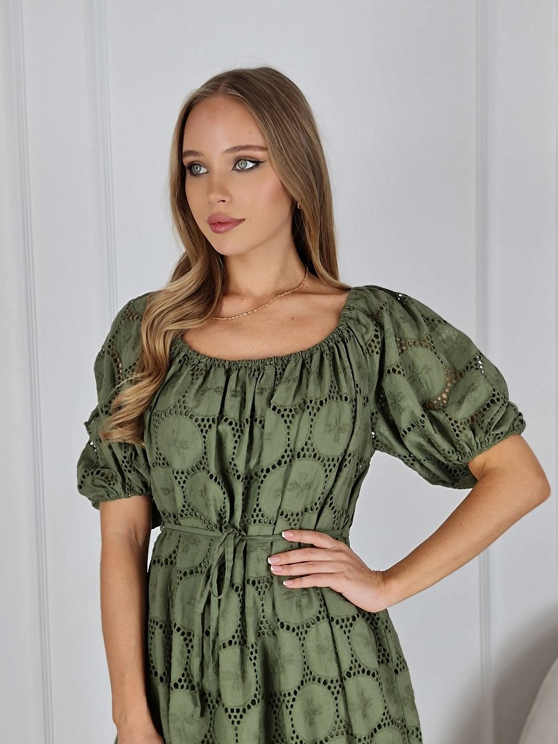 Платье MIHO'S ажурное с поясом хаки, фотография №5