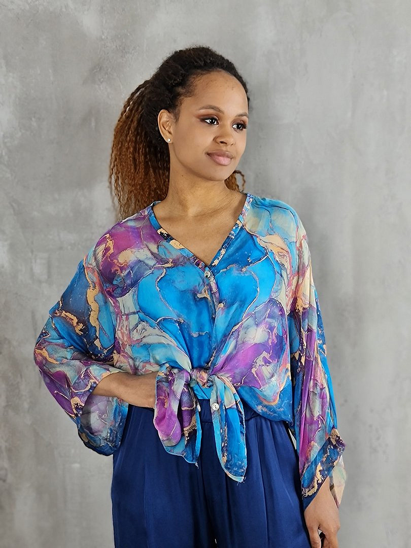 Рубашка Segreto с принтом "Мрамор" голубая, фотография №1