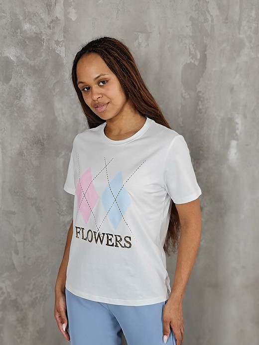 Футболка Y Two с принтом ромбы розовый и голубой белая