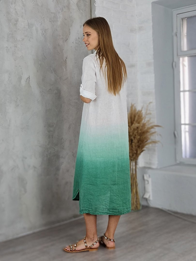 Платье-рубашка Pure Linen льняное двухцветное белое/зелёное, фотография №2