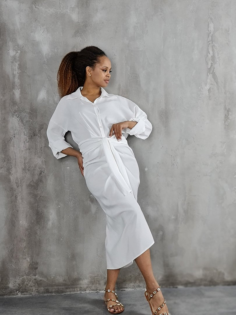 Платье CLOTHÉ на пуговицах с драпировками белое, фотография №2