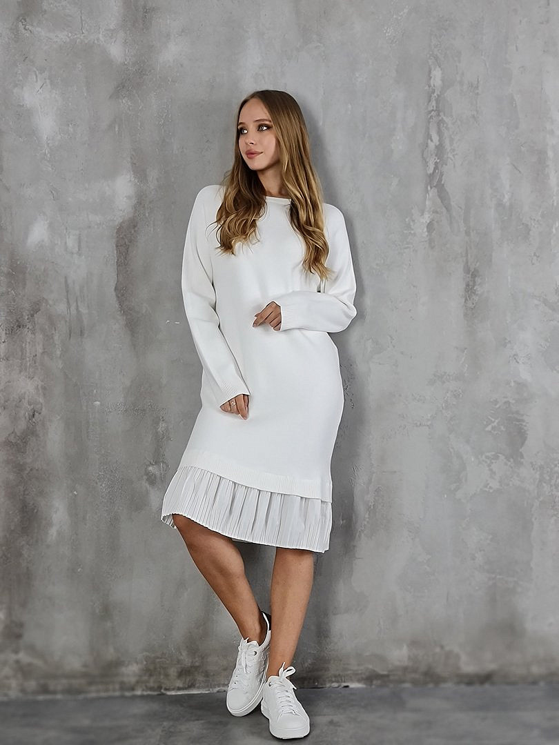 Платье Melany трикотажное с атласной плиссированной юбочкой белое (молочное), фотография №2