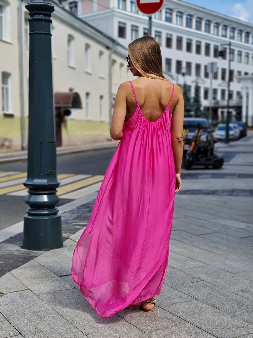Платье Pura Seta на тонких лямках с разрезами внизу фуксия, фотография №3