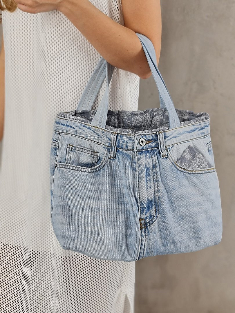 Сумка Please джинсовая с узором на подкладке голубая, фотография №1