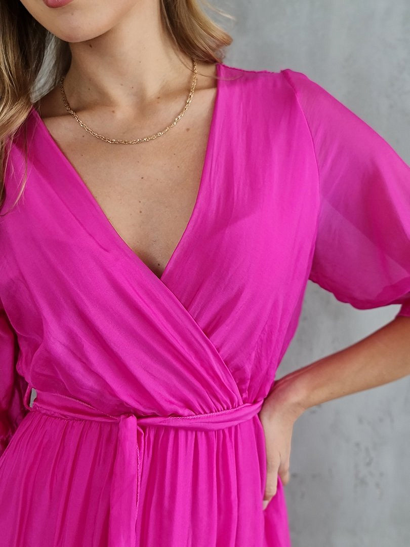 Платье Pura Seta с V-образным вырезом и поясом фуксия, фотография №3