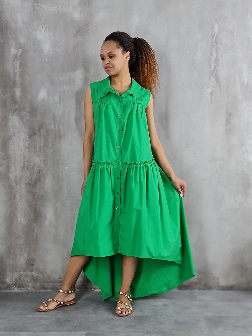 Платье MIHO'S свободное без рукавов с ассиметричным подолом зелёное, фотография №2