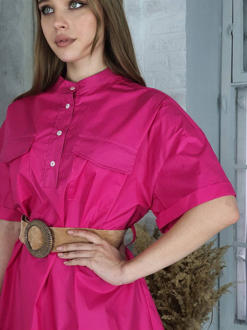 Платье-рубашка Maryley свободное с песочным поясом фуксия, фотография №3