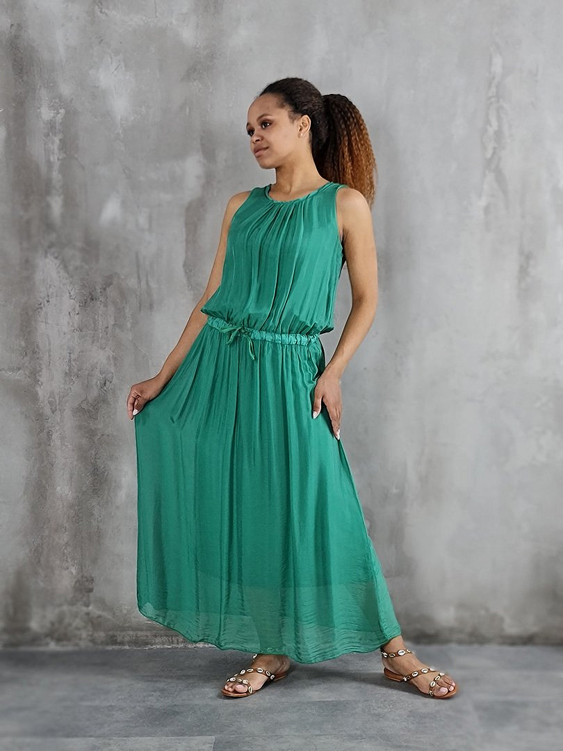 Платье Pure Seta без рукавов с завязками на поясе зелёное, фотография №1
