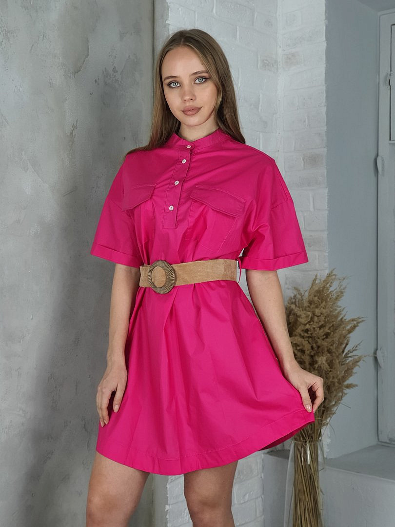 Платье-рубашка Maryley свободное с песочным поясом фуксия, фотография №1