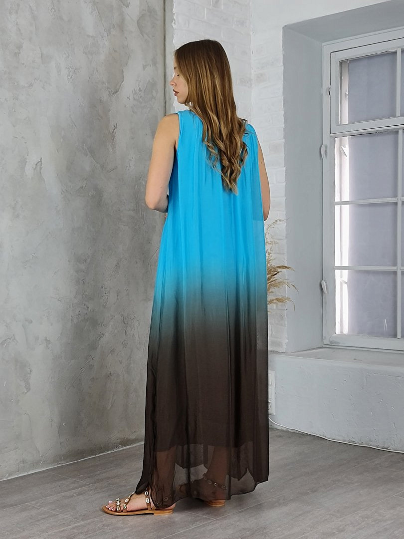 Платье Pura Seta шёлковое двухцветное голубой/какао, фотография №2
