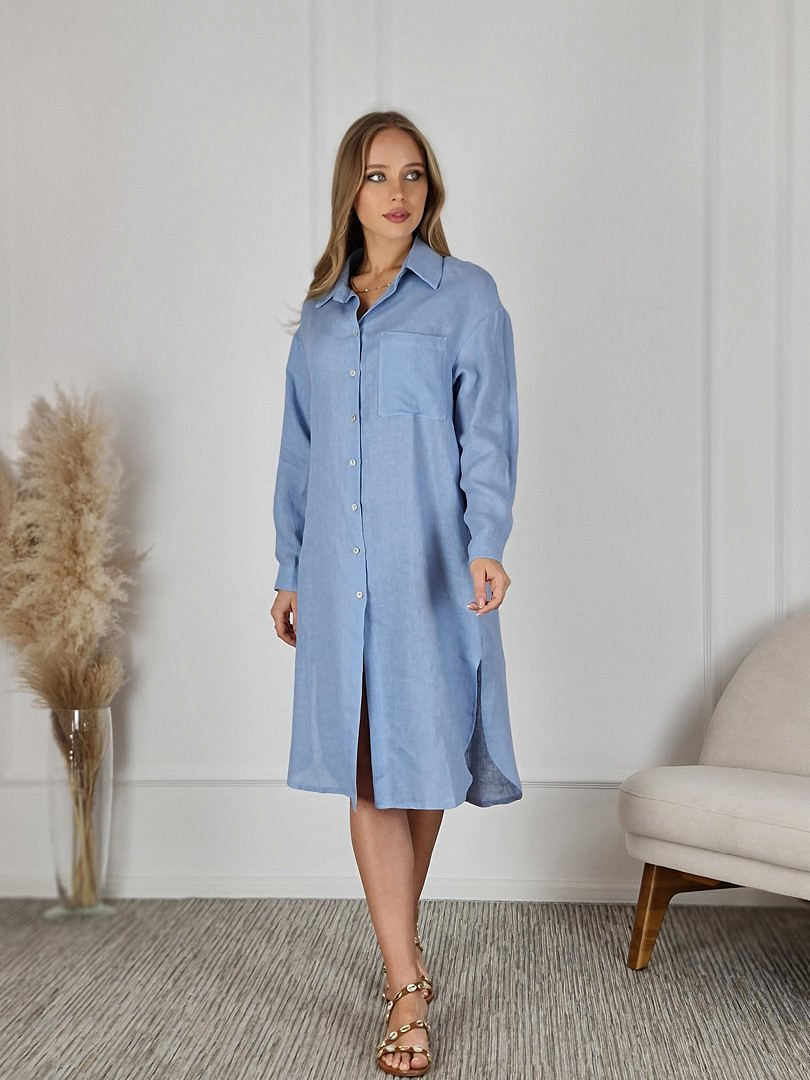 Платье-рубашка CLOTHÉ льняное на пуговицах голубое, фотография №1