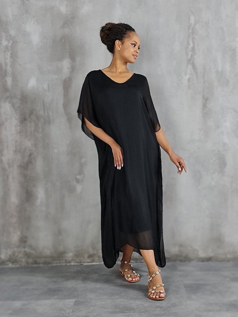 Платье Pure Seta макси шёлковое с ассиметричным подолом чёрное, фотография №1