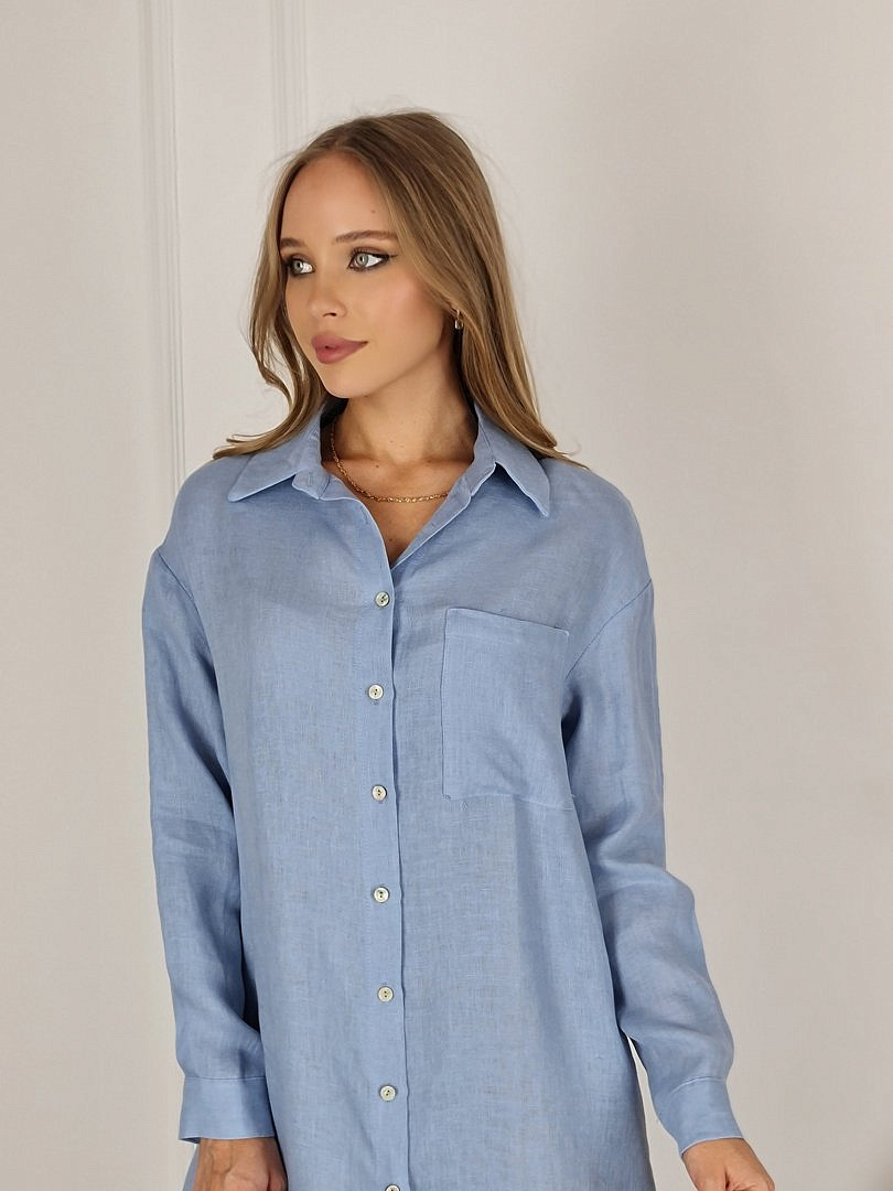 Платье-рубашка CLOTHÉ льняное на пуговицах голубое, фотография №4