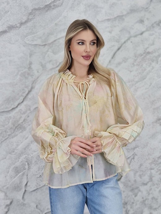 Блузка MIHO'S с рюшами пастельный принт кремовая