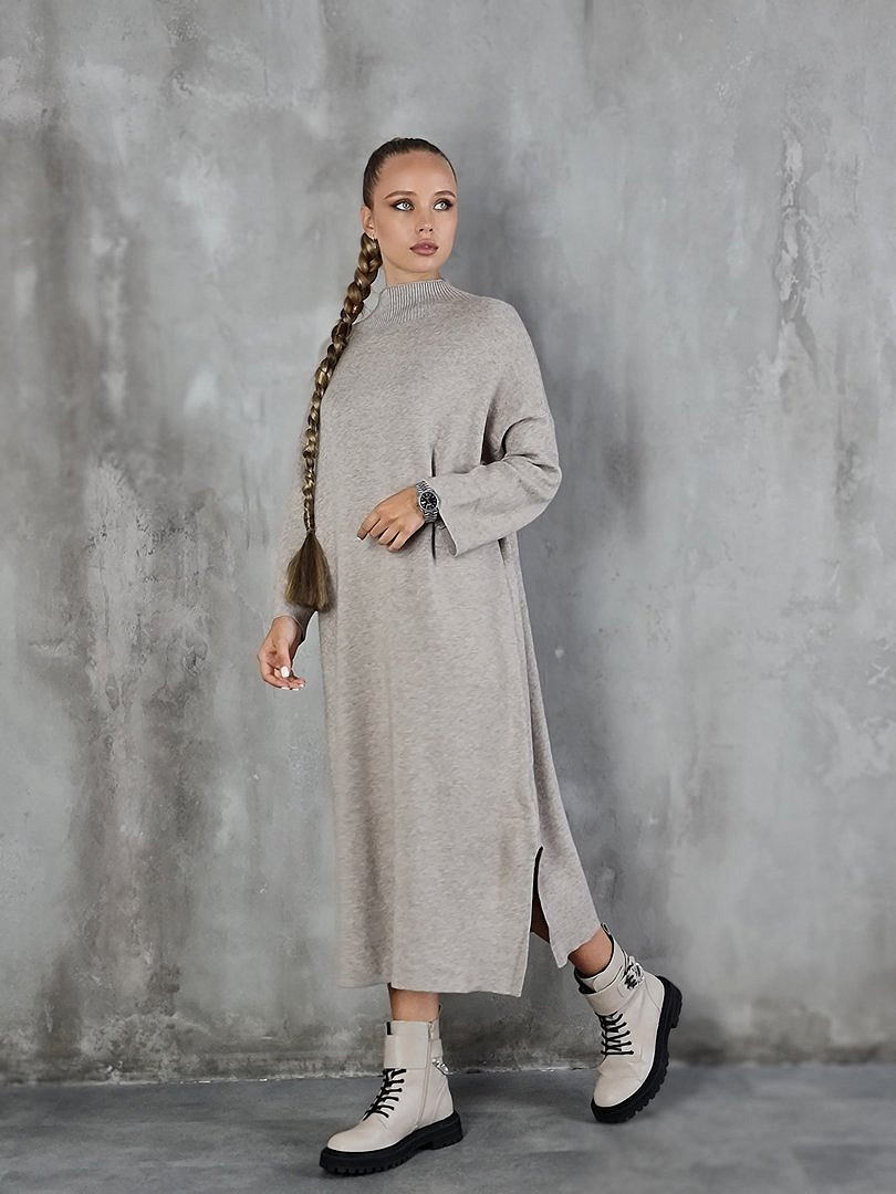 Платье Lara трикотажное с разрезами внизу бежевое, фотография №1