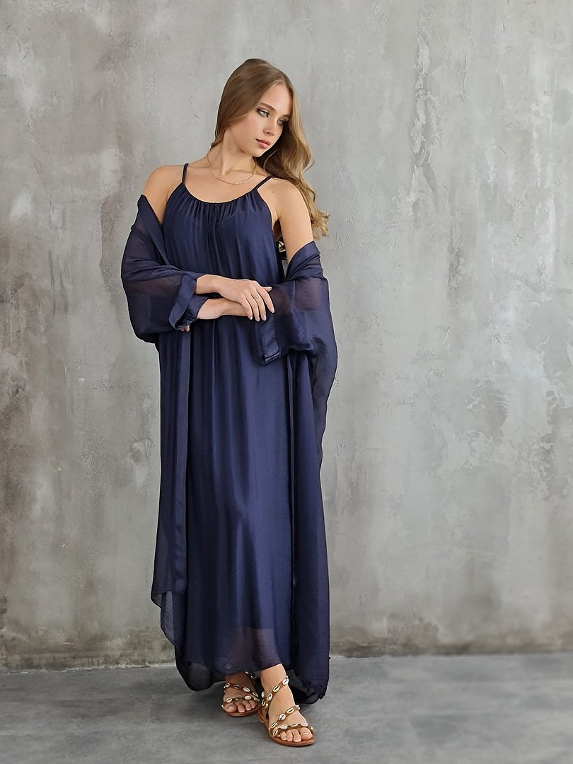 Комплект Segreto шёлковый платье и накидка тёмно-синий, фотография №3