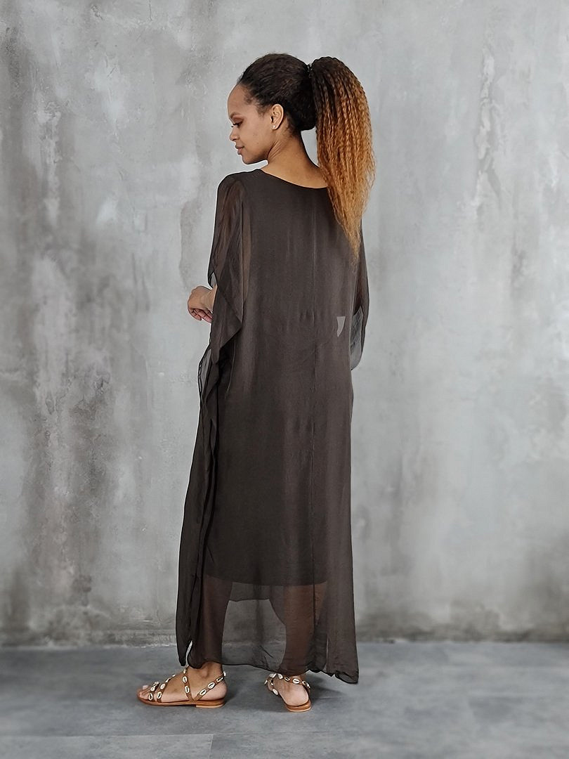 Платье Pure Seta макси шёлковое с ассиметричным подолом хаки (шоколад), фотография №3