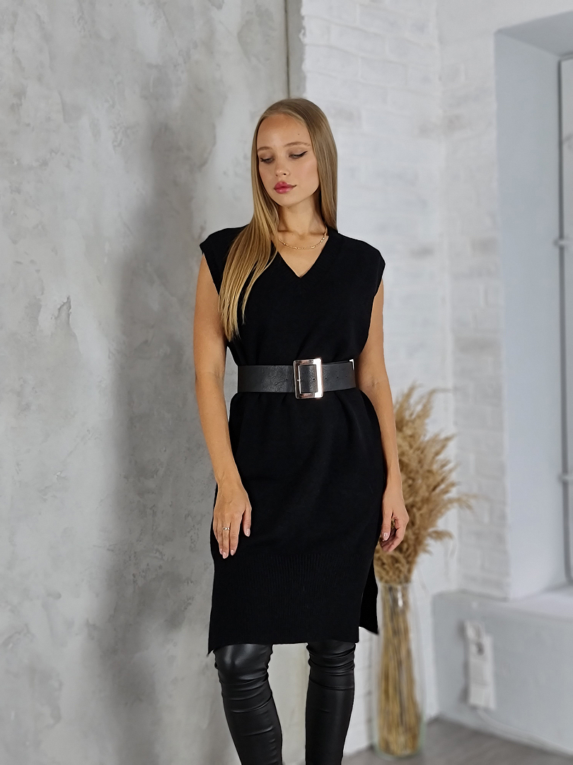 Жилет Lara длинный с ремнём чёрная (Black), фотография №1