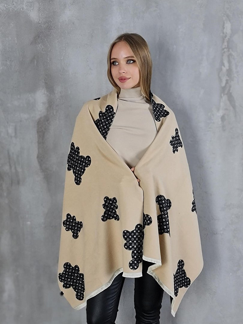 Палантин Mondana с принтом "Мишка" чёрный/бежевый, фотография №1