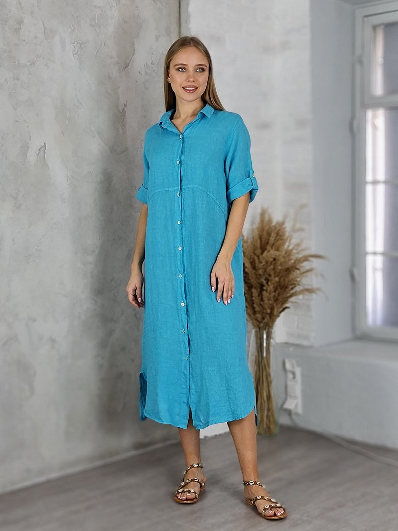 Платье-рубашка Pure Linen льняное бирюзовое, фотография №1