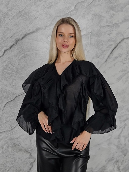 Блузка MINTH длинный рукав с рюшами черная