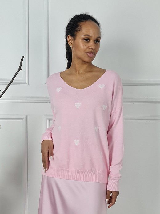 Джемпер LIVAN'S v вырез с сердечками пудра