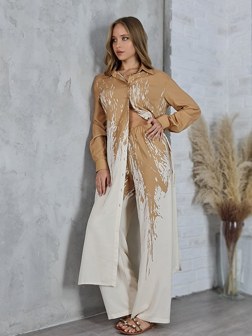 Костюм CLOTHÉ туника и брюки с принтом какао/молочный, фотография №1