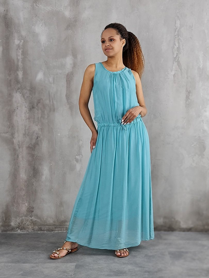 Платье Pure Seta без рукавов с завязками на поясе бирюзовое, фотография №1