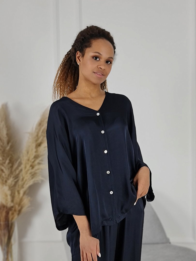 Костюм Zelante атласный рубашка и брюки тёмно-синий, фотография №1