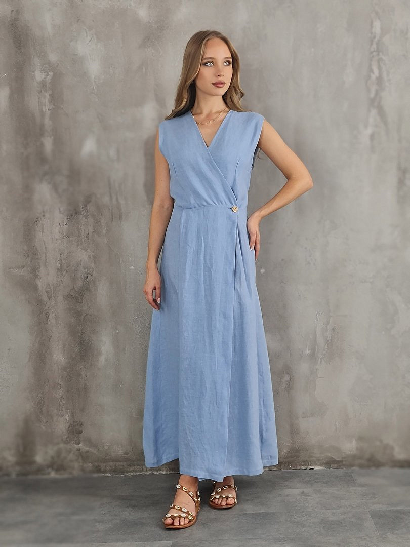 Платье CLOTHÉ льяняное c V-образным вырезом голубое, фотография №2
