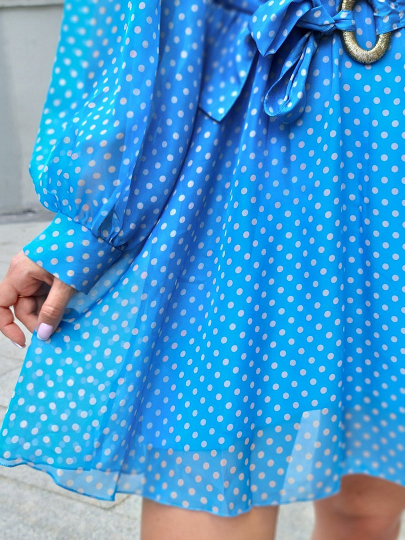 Платье Joleen в горошек с поясом голубое, фотография №5