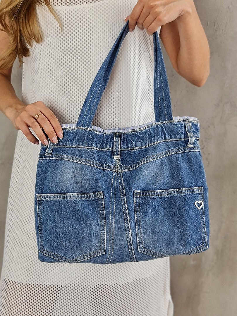 Сумка Please джинсовая с полосатой подкладкой синяя, фотография №4