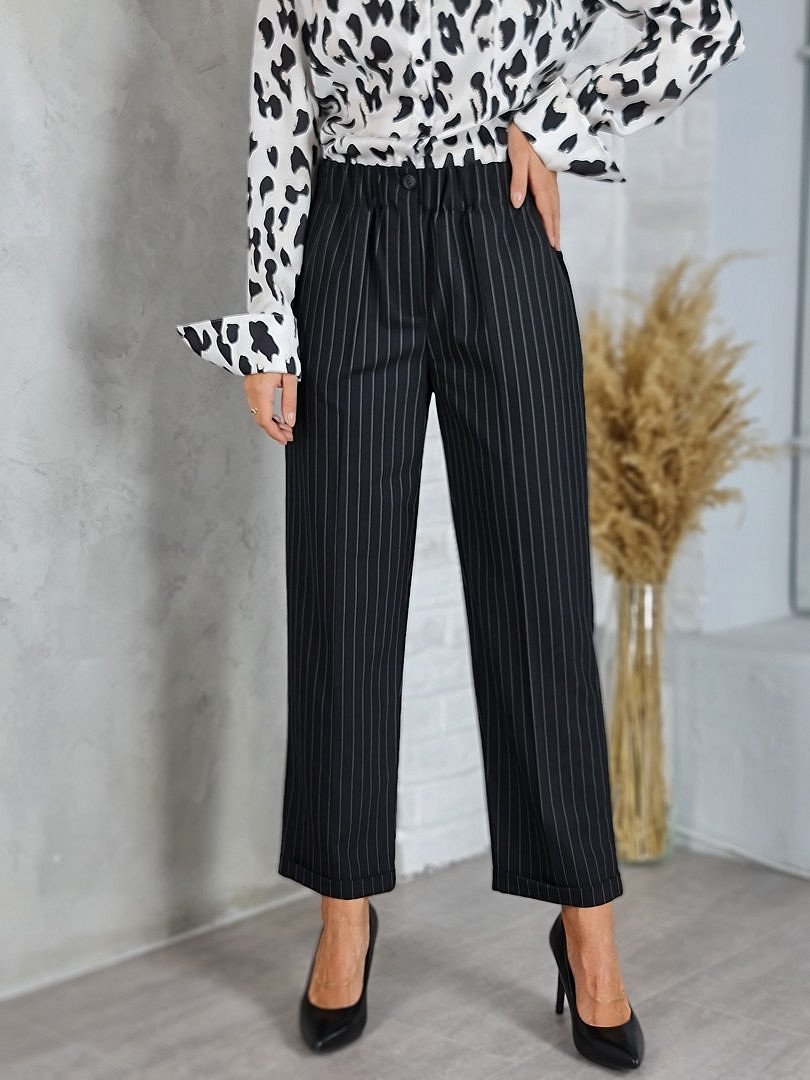 Брюки Rinascimento в полоску с поясом на резинке чёрные, фотография №1