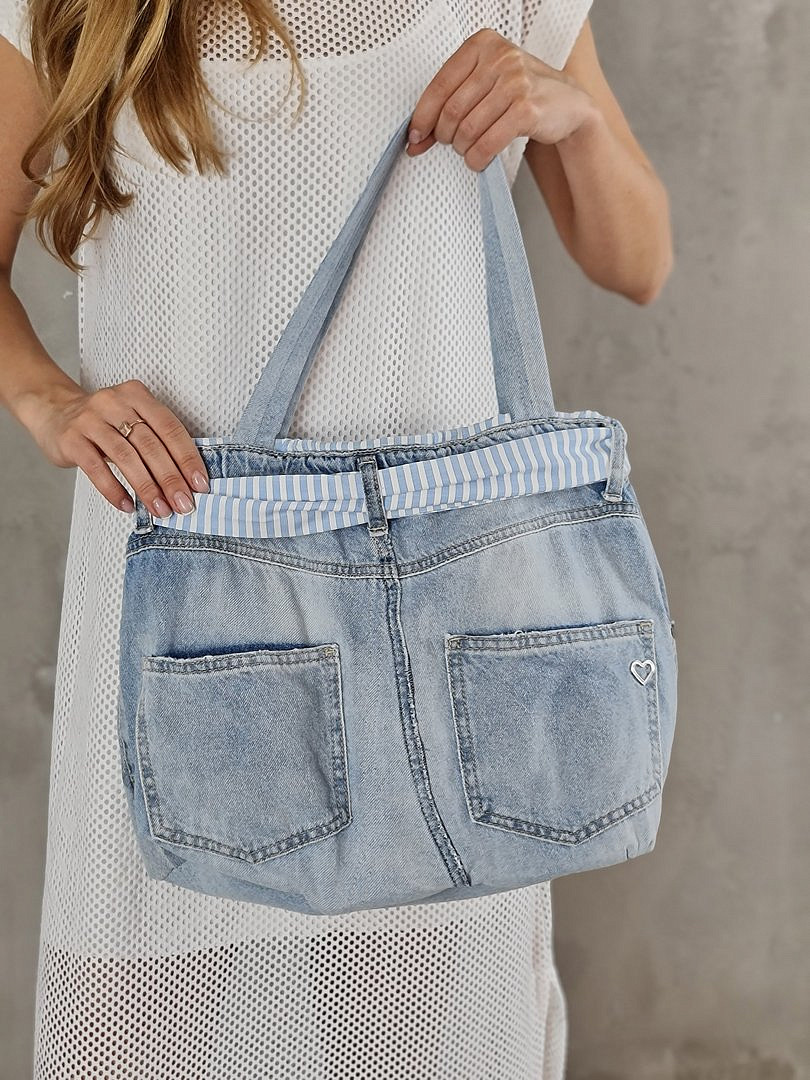 Сумка Please джинсовая с подкладкой в полосочку светло-голубая, фотография №4