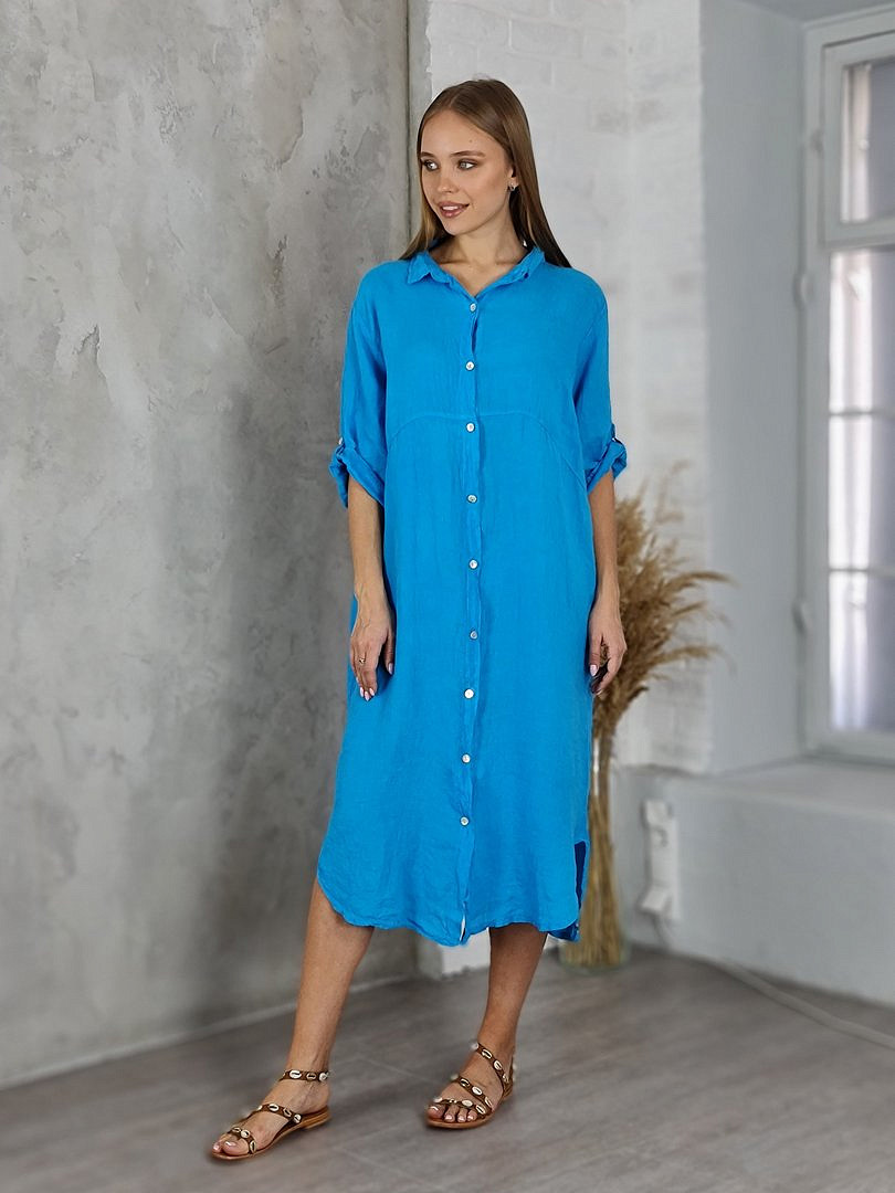 Платье-рубашка Pure Linen льняное ярко-голубое, фотография №1