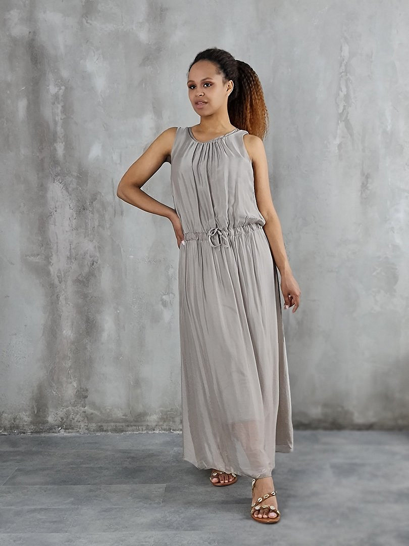 Платье Pure Seta без рукавов с завязками на поясе бежевое, фотография №2