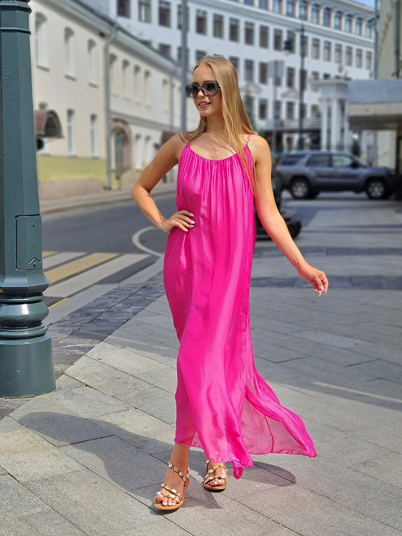 Платье Pura Seta на тонких лямках с разрезами внизу фуксия, фотография №1