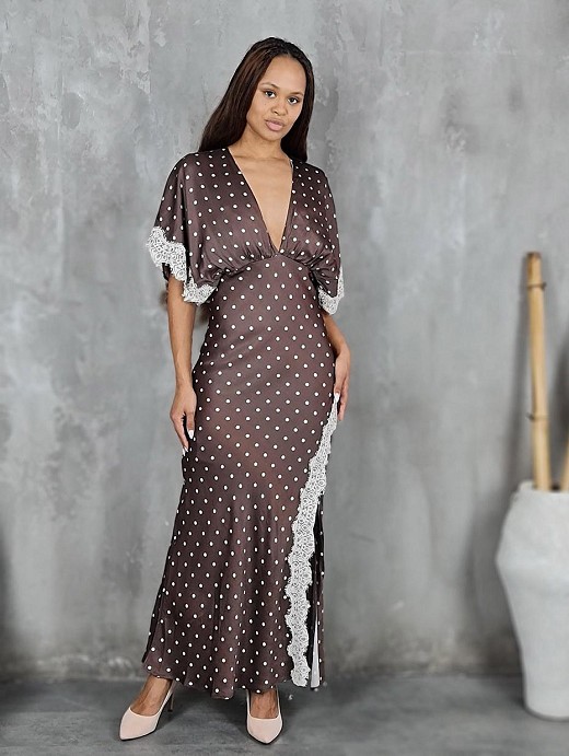 Платье Imperial в горох с кружевом шоколад