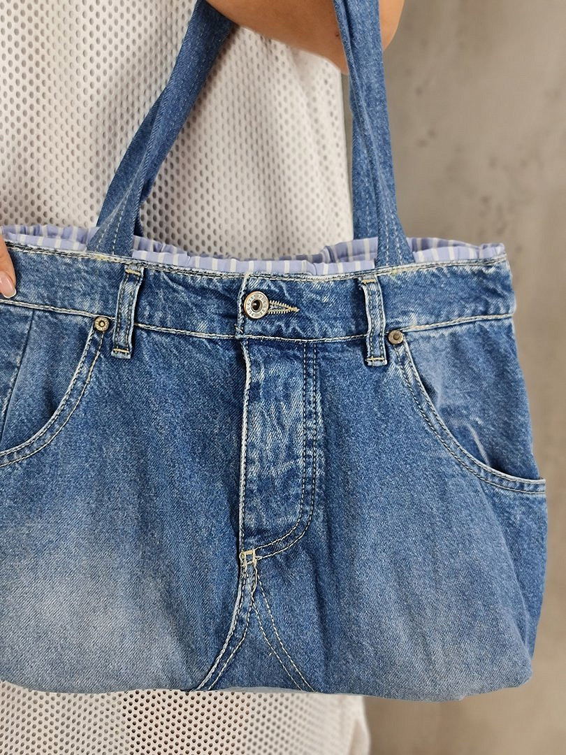 Сумка Please джинсовая с полосатой подкладкой синяя, фотография №3