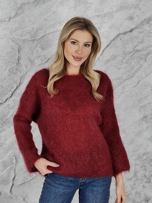 Джемпер кид мохер вырез лодочка длинный рукав красный