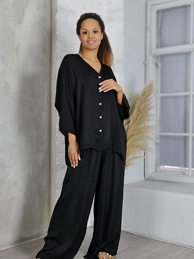 Костюм Zelante атласный рубашка и брюки чёрный, фотография №2