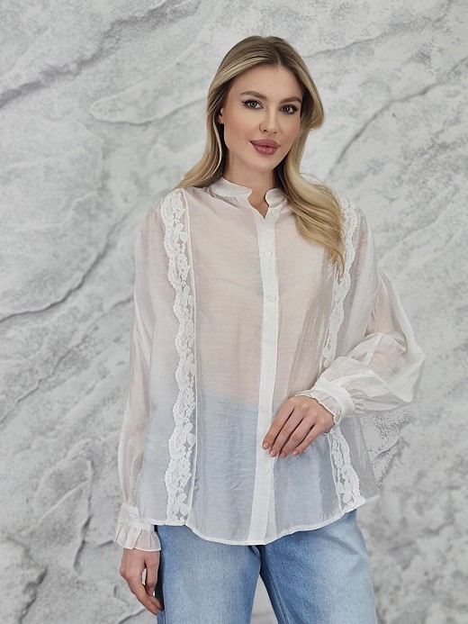 Блузка MIHO'S воротник стойка вертикальные  кружева белая